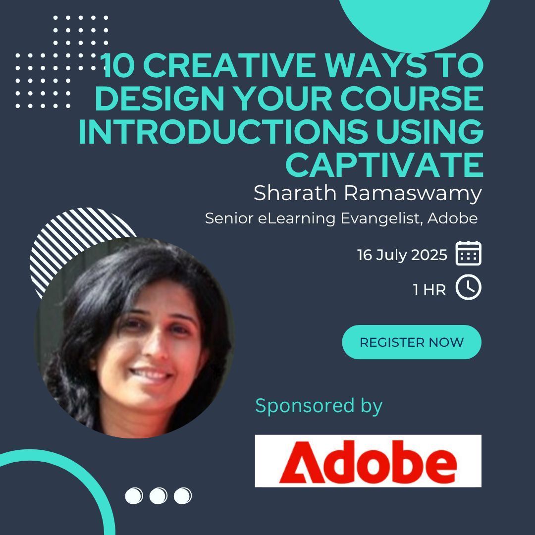 trainmagnetwork's tweet image. JOIN TOMORROW @SharathRamaswa1 of @Adobe for “10 Creative Ways to Design Your Course Introductions Using Captivate” and learn how to hook learners from slide one.

📅 Register: lnkd.in/gFBJhqqM
#AdobeCaptivate #eLearningDesign #InstructionalDesign #LearningEngagement