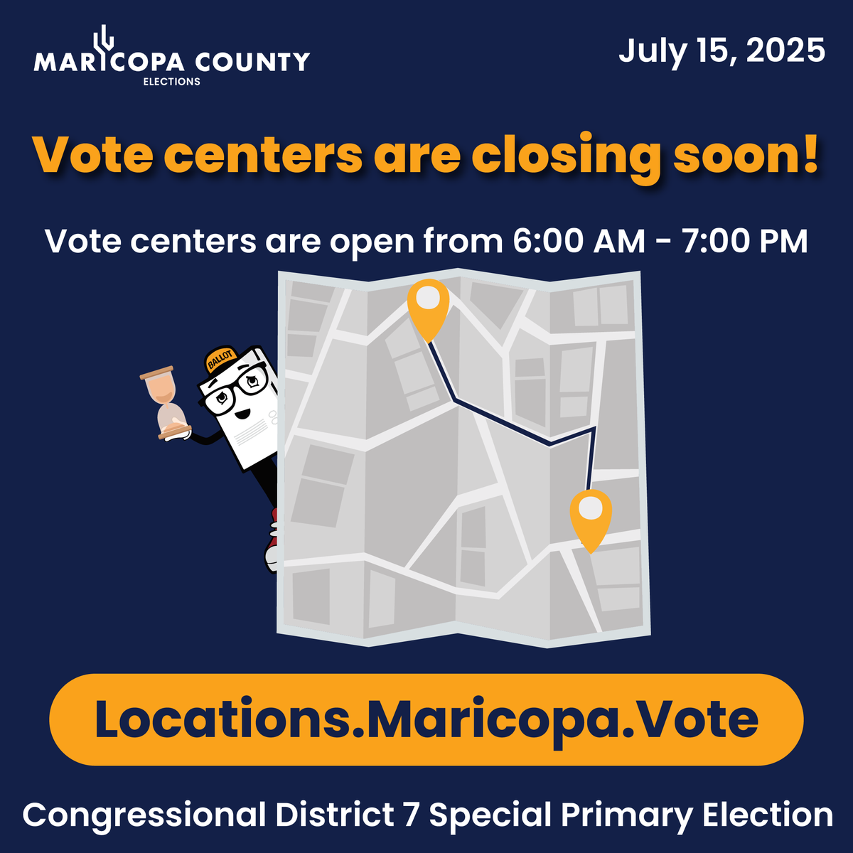 MaricopaVote's tweet image. Vote centers are closing at 7 p.m.! To find a vote center, visit locations.maricopa.vote.
Los centros de votación cerrarán pronto. Para encontrar un centro de votación cerca de usted visite ubicaciones.maricopa.voto.