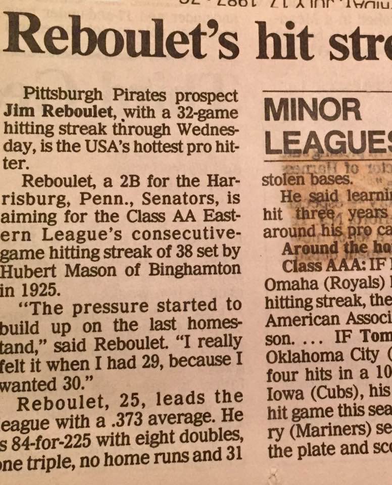 JimReboulet's tweet image. 38 years ago today the 32 game hitting streak came to an end. I got tossed going 0-1 in 3rd inning. After getting picked off first base. Game went 13 innings that night…. Went 10 more games after that. 🤷‍♂️