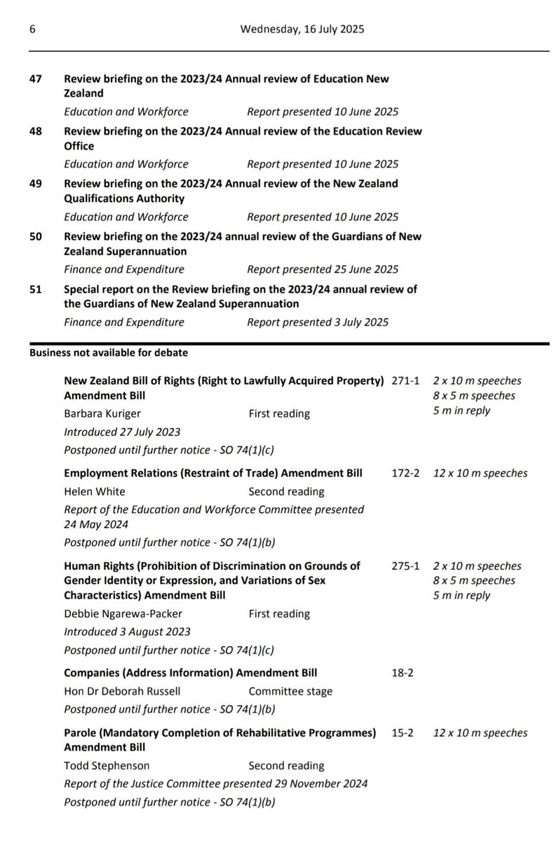 h_pongilath's tweet image. “Final Order Paper” for Wednesday, 16 July 2025, New Zealand Parliament: An Order Paper is produced for every day on which the House sits. It is similar to an agenda - it lists all the business before the House that sitting day. 
#FinalOrder
(2/3)