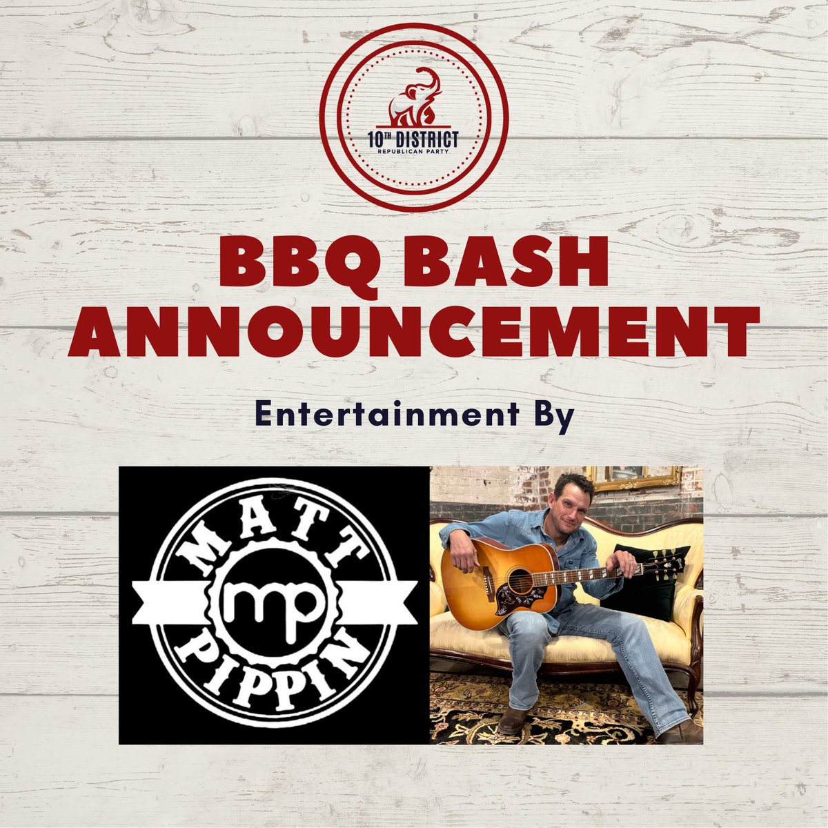 10thDGeorgiaGOP's tweet image. We’re excited to announce that Matt Pippin will be joining us this year at our BBQ Bash to keep the crowd entertained!

You don’t want to miss it!! #gapol