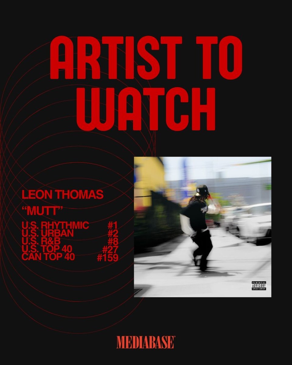 MediabaseCharts's tweet image. You&apos;re looking at this week&apos;s Mediabase Artist To Watch: Leon Thomas! His track &quot;Mutt&quot; is absolutely massive, hitting No. 1 on U.S. Rhythmic and continuing its ascent on U.S. Urban, U.S. R&amp;amp;B, U.S. Top 40, and Canada Top 40. 

#LeonThomas #Mutt #ArtistToWatch