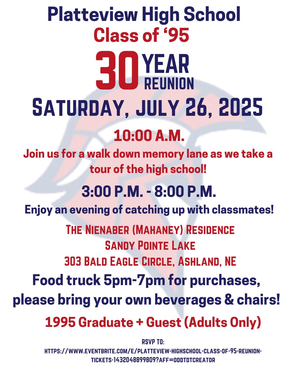 RSVP Deadline is THIS FRIDAY – July 18!
RSVP here :
eventbrite.com/.../platteview…...
The gate code will be sent to those who RSVP on the day of the event. Don’t miss the chance to catch up, reminisce, and make a few new memories!
