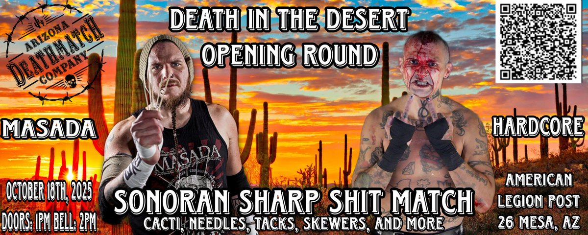 AZDMCo's tweet image. Our first opening round match!
 eventbrite.com/e/death-in-the…

DEATH IN THE DESERT 
October 18th, 2025

SPONSORSHIP OPPORTUNITIES AVAILABLE!

 #deathmatchwrestling #nickgage #masada #abdullahkobayashi #jdhorror #wrestling #prowrestling #arizona #az #mesaaz