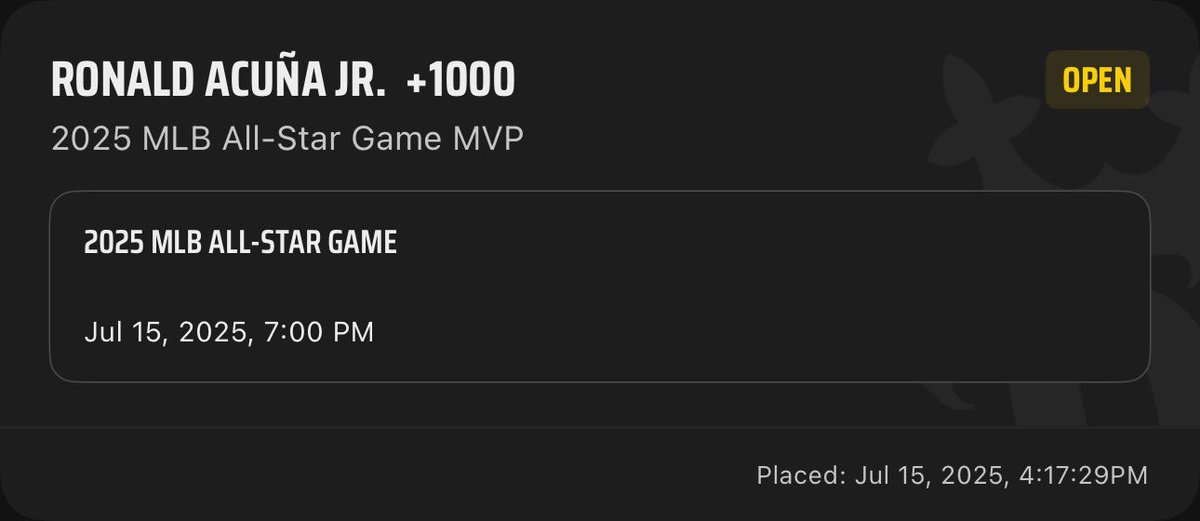 MoodyMacTV's tweet image. The ASG is such a crapshoot when it comes to betting. I’m just running one play tonight.
Ronald Acuña Jr. to win MVP at 10-1!
At home in front of his fans and Acuña loves the spotlight. He can get it done with the bat or the speed.