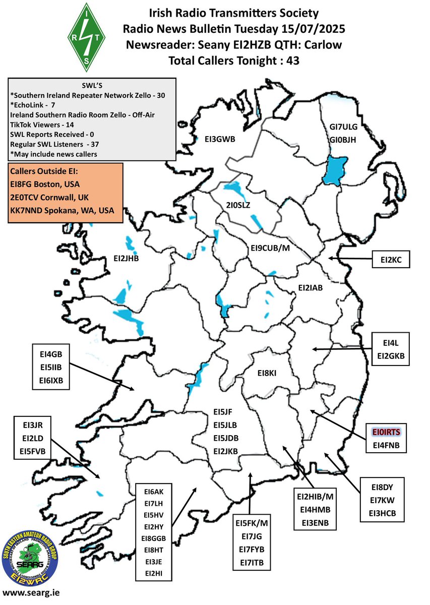 Tuesday 15/07/2025 Report: for the Call-In 
#IRTS News Reader Seany #EI2HZB #Hamradio #Amateuradio #SIRN #SWL