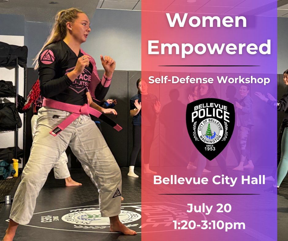 The Bellevue Police Department (WA) (@bvuepd) on Twitter photo On this week's agenda for the Women Empowered Workshop: learning super slap and wrist pin techniques.
Space is very limited for Sunday's class. It will run from 1:20-3:10p at City Hall. Make sure to email chanaumi@bellevuewa.gov to secure your spot. On this week's agenda for the Women Empowered Workshop: learning super slap and wrist pin techniques.
Space is very limited for Sunday's class. It will run from 1:20-3:10p at City Hall. Make sure to email chanaumi@bellevuewa.gov to secure your spot.