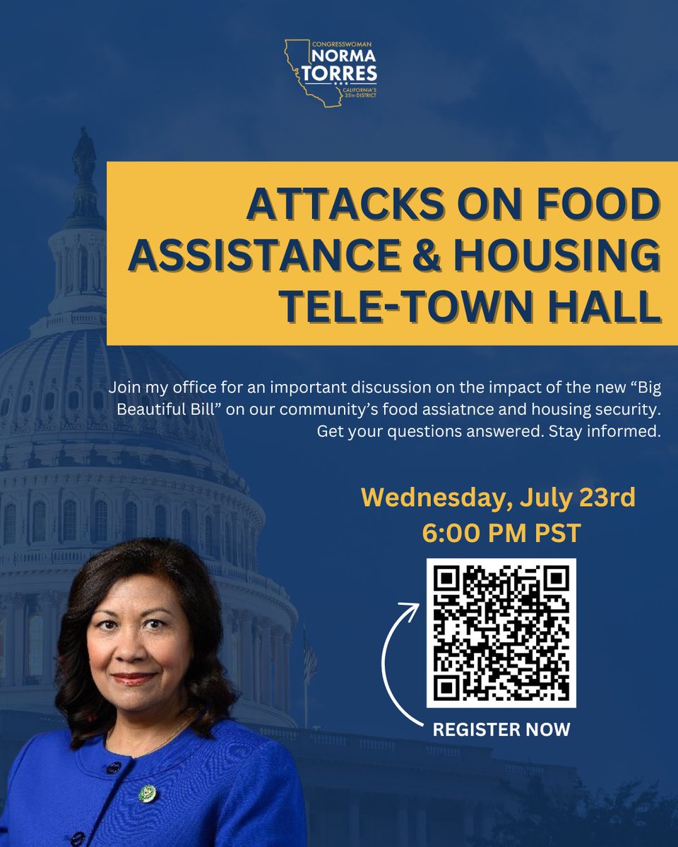 NormaJTorres's tweet image. 📞🏠🍎 Let’s Talk Food & Housing Security
We’re calling for a Telephone Townhall on how the “Big Beautiful Bill” affects SNAP benefits and affordable housing in our communities.
Families deserve answers. Communities deserve support. No one should be left behind.
