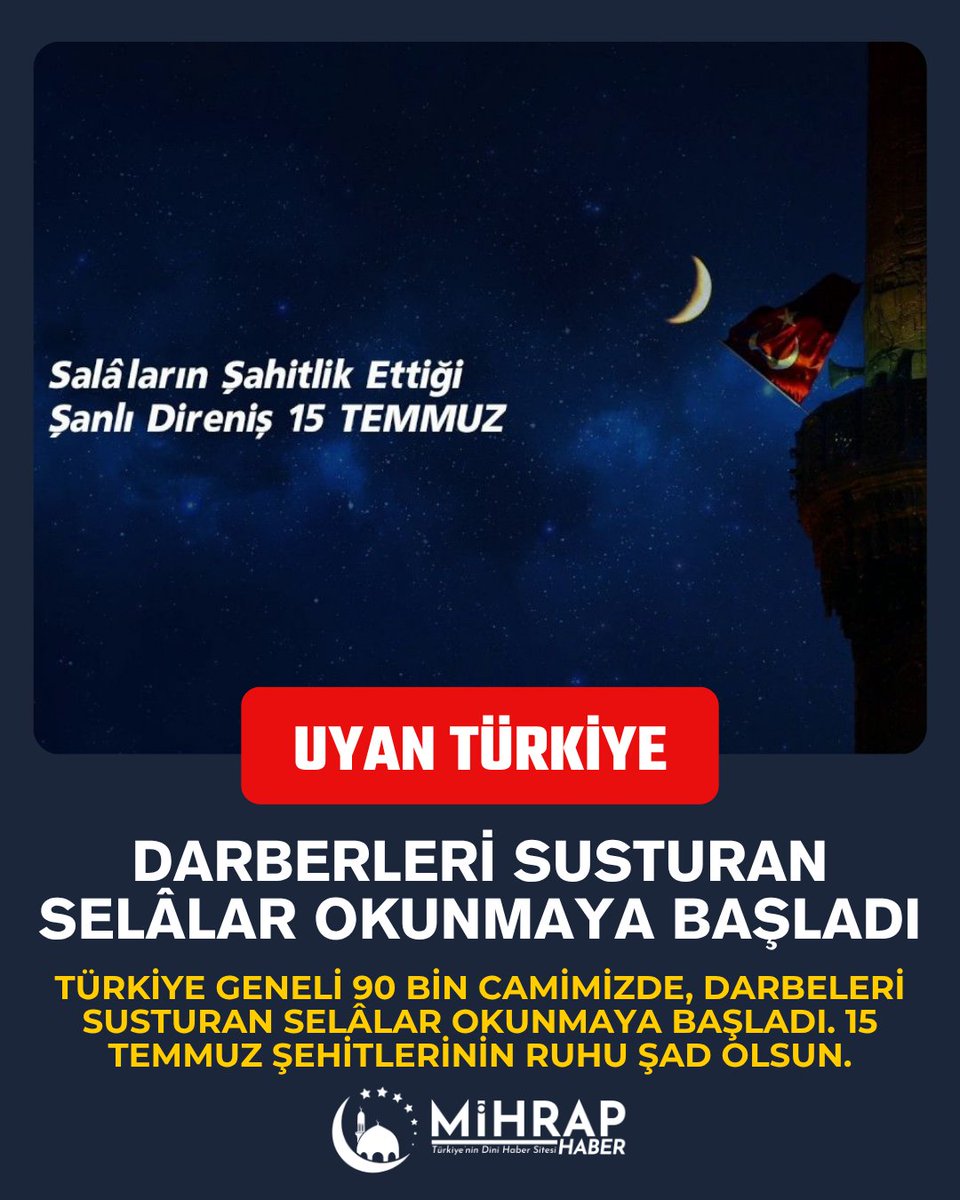 Mihrap Haber (@mihraphaber) on Twitter photo 🕌 90 bin camide selâlar okunuyor, 81 bin hatim şehitlerimizin ruhuna…
📿 Sabah namazı buluşmaları, meydanlarda dualar ve Kur’an tilaveti…
“Ezanları susturan darbelerden, darbeleri durduran salâları nasib eden Rabbimize hamdolsun.”
📎 Detaylar: mihraphaber.com/foto/25530793/… 🕌 90 bin camide selâlar okunuyor, 81 bin hatim şehitlerimizin ruhuna…
📿 Sabah namazı buluşmaları, meydanlarda dualar ve Kur’an tilaveti…
“Ezanları susturan darbelerden, darbeleri durduran salâları nasib eden Rabbimize hamdolsun.”
📎 Detaylar: mihraphaber.com/foto/25530793/…