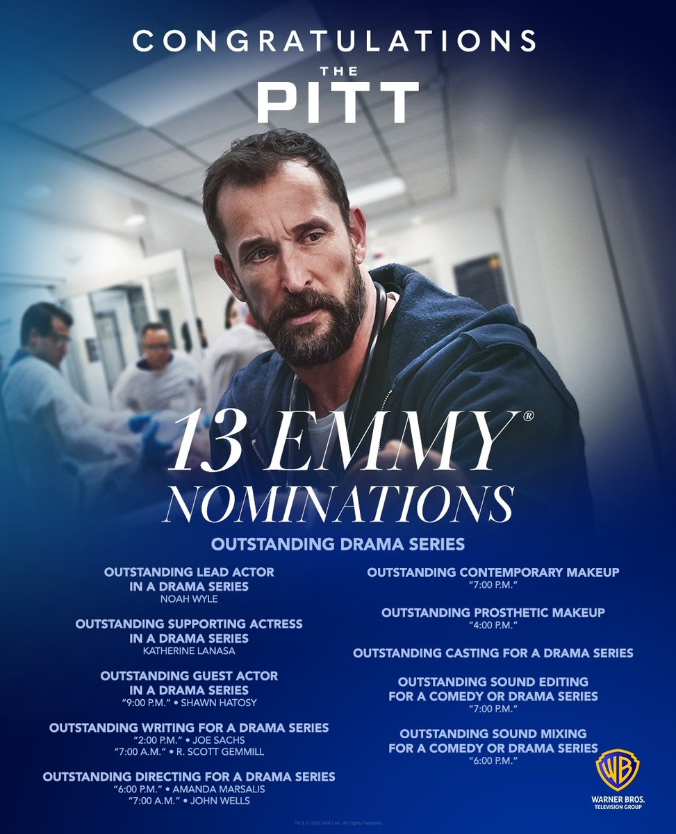 NoahWyleUpdates's tweet image. Congratulations to The Pitt for 13 Emmy nominations!!