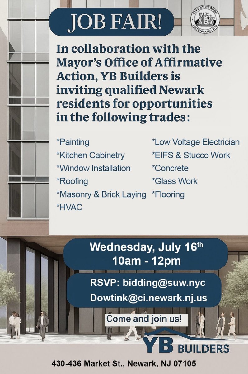 CityofNewarkNJ's tweet image. 🚨 JOB FAIR! 🛠️
YB Builders + Mayor’s Office of Affirmative Action are hiring qualified Newark residents for trade roles!
📅 Wed, July 16
🕙 10AM–12PM
📍 430-436 Market St., Newark
📧 RSVP: bidding@suw.nyc | dowtink@ci.newark.nj.us
#NewarkJobs #JobFair