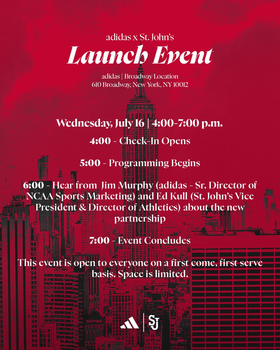StJohnsRedStorm's tweet image. Can't wait to see Johnnie Nation at the adidas x St. John's Launch Event tomorrow!! 🥳
Check out the timeline of the event tomorrow ⬇️