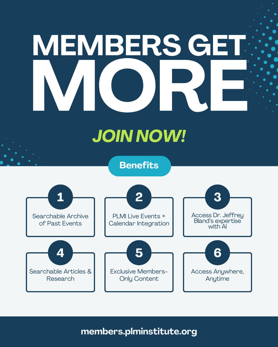 The TOP 3 BENEFITS of BEING a PLMI MEMBER!

1️⃣ EXCLUSIVE MEMBERS ONLY CONTENT

2️⃣ ACCESS TO THE "Ask Dr. Jeffrey Bland" AI!

3️⃣ REGISTER FOR EVENTS THROUGH OUR PLATFORM

Become a part of our COMMUNITY.

🔗 members.plminstitute.org

#plmi #personalizedmedicine #health