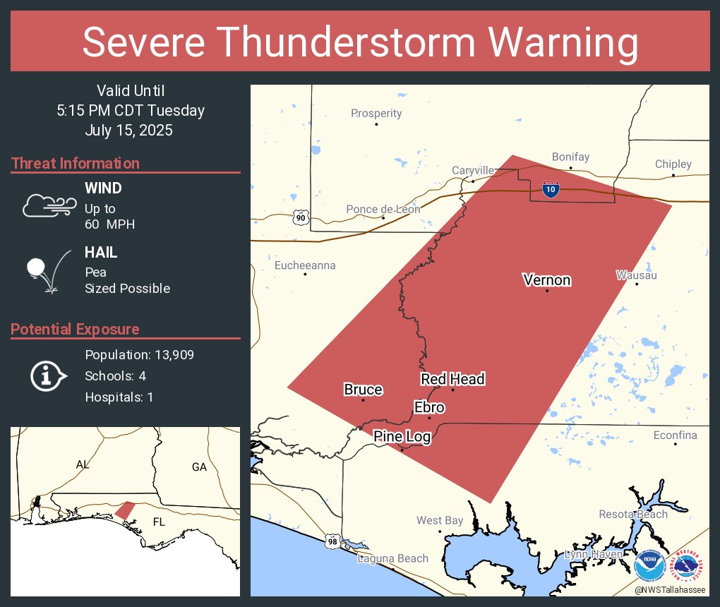 NWSTallahassee's tweet image. Severe Thunderstorm Warning including Vernon FL, Ebro FL and Red Head FL until 5:15 PM CDT