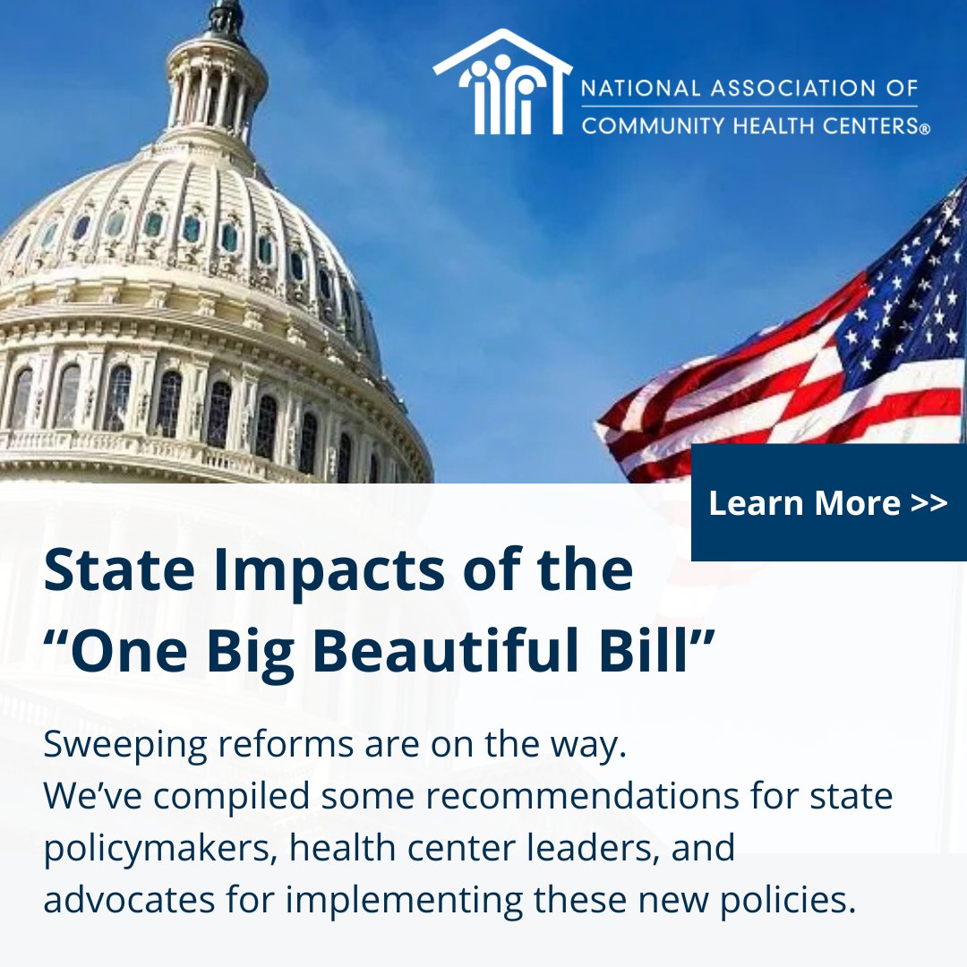 NACHC's tweet image. Sweeping reforms in the “One Big Beautiful Bill” will reshape how states deliver Medicaid.
Read NACHC’s latest recommendations for state policymakers & health center leaders for protecting access to care during this transition. 🔗 bit.ly/4eUDLH1
#ValueCHCs