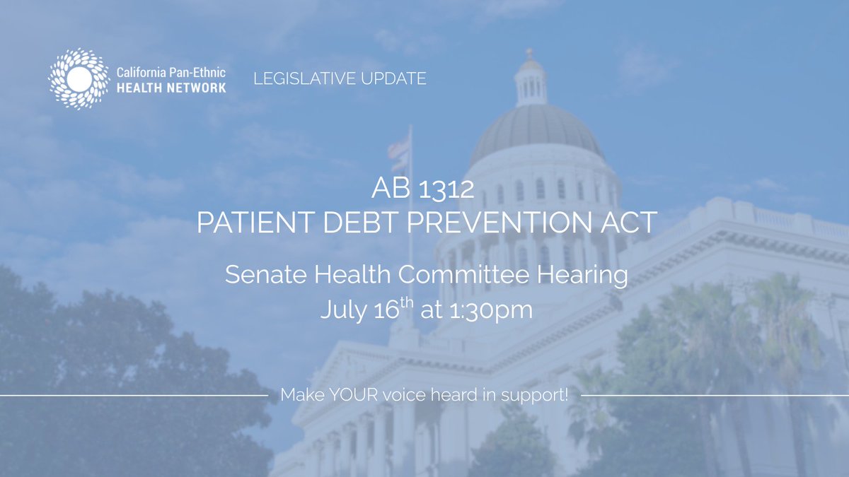 CPEHN's tweet image. 🗣️ Nobody should go broke just because they got sick.
Make YOUR voice heard in support of #CPEHN sponsored bill, #AB1312 to protect CA from unnecessary #MedicalDebt in Senate Health TOMORROW 🩺
💻 Tune-In here: senate.ca.gov/calendar