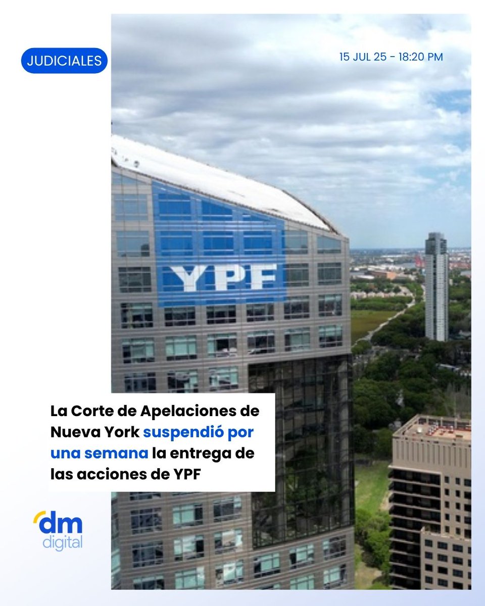 #Judiciales | ⚖️La Corte de Apelaciones de Nueva York frenó la entrega del 51% de las acciones de YPF a los fondos buitre por una semana.

Más info👉delmardigital.net/la-corte-de-ap…