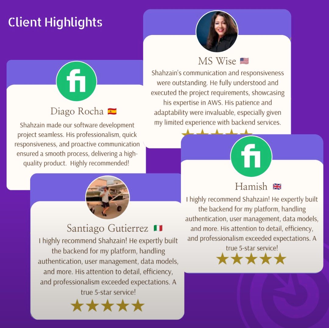 shahzaincode's tweet image. I've been working with teams across different regions to build backend systems, AI features, and cloud-based applications.
Here are a few reviews from Fiverr clients, sharing this for transparency, especially for those considering freelance or contract support.