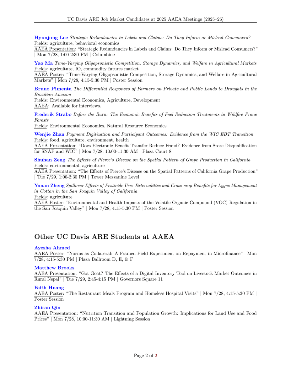 Mark Agerton (@magerton) on Twitter photo <a href="/UCDavisARE/">UC Davis Agricultural and Resource Economics</a> is excited to announce our '25-26 #agecon #jobmarket candidates. These 16 #PhD students are doing impactful research in #agriculture, #development, #environment, #energy, #health, and #labor. Many presenting at #AAEA2025 in Denver July 27-29! are.ucdavis.edu/phd/job-candid… <a href="/UCDavisARE/">UC Davis Agricultural and Resource Economics</a> is excited to announce our '25-26 #agecon #jobmarket candidates. These 16 #PhD students are doing impactful research in #agriculture, #development, #environment, #energy, #health, and #labor. Many presenting at #AAEA2025 in Denver July 27-29! are.ucdavis.edu/phd/job-candid…