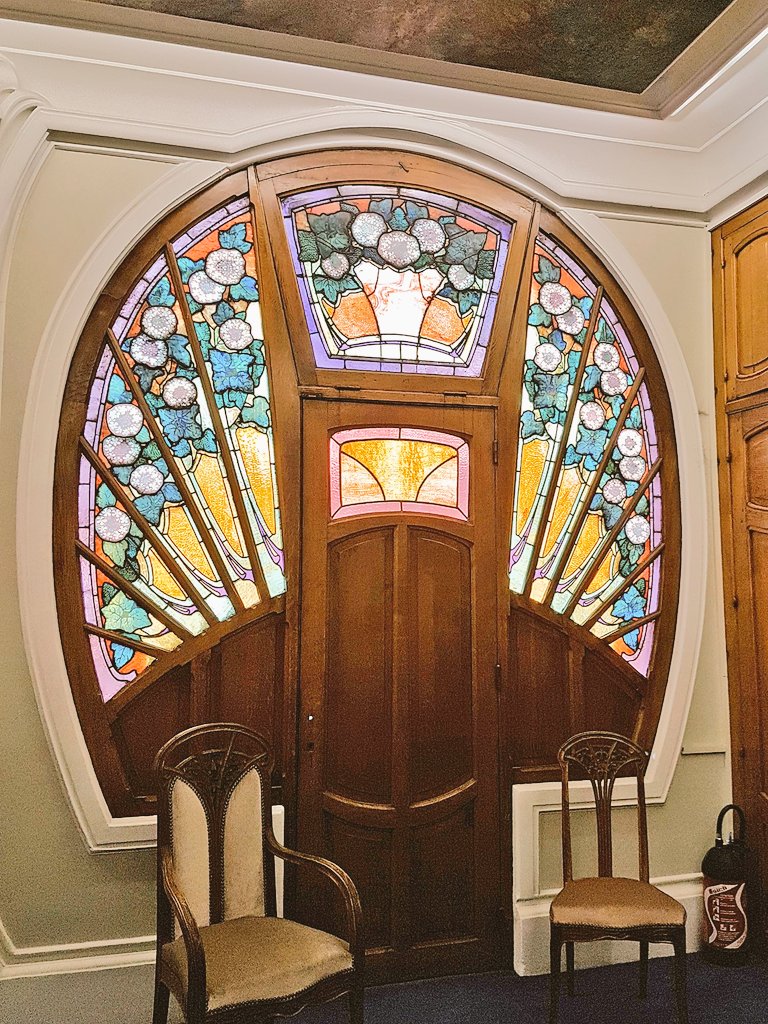 Stained glass door at the Art Nouveau "Villa Bergere" from 1903 in Nancy, France by glass artist Joseph Janin, woodwork design by Eugène Valin.