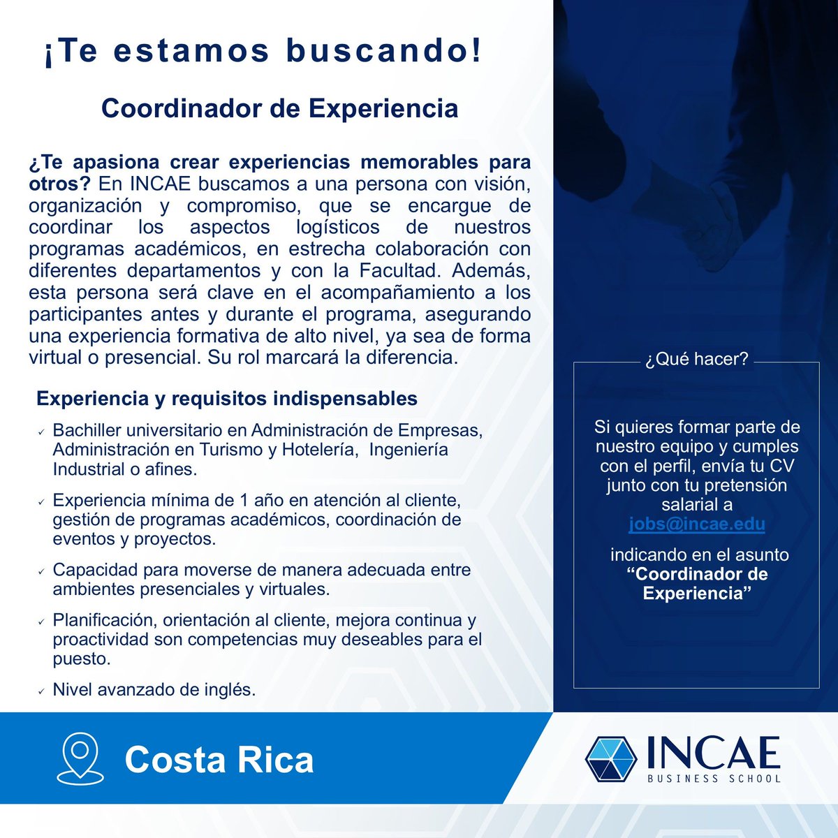 INCAE Business School (@incae) on Twitter photo 📢 Buscamos un/a Coordinador/a de Experiencia en Costa Rica 🇨🇷
📩 Envía tu CV con pretensión salarial a jobs@incae.edu
Asunto: “Coordinador de Experiencia”
#EmpleoCR #VacantesINCAE #TalentoINCAE #EducaciónEjecutiva #ExperienciaDelCliente #INCAE #TrabajoCostaRica 📢 Buscamos un/a Coordinador/a de Experiencia en Costa Rica 🇨🇷
📩 Envía tu CV con pretensión salarial a jobs@incae.edu
Asunto: “Coordinador de Experiencia”
#EmpleoCR #VacantesINCAE #TalentoINCAE #EducaciónEjecutiva #ExperienciaDelCliente #INCAE #TrabajoCostaRica