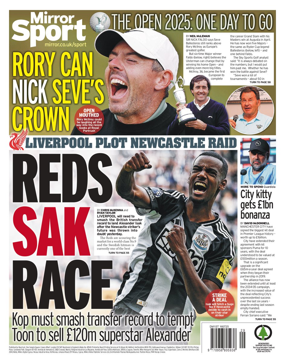 Lou_obrien19's tweet image. Wednesday's MIRROR SPORT: Reds sak race #TomorrowsPapersToday