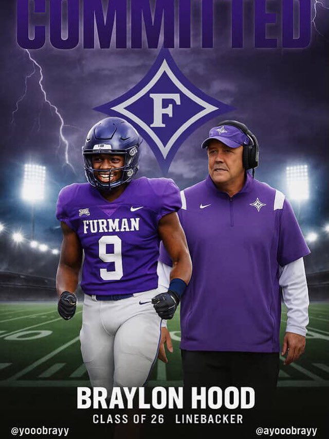 Chase (@chase_myers66) on Twitter photo BREAKING 🚨 Varina’s 2026 LB <a href="/ayoobrayy/">Braylon Hood</a> is headed to Furman University! 🟣⚔️
A 1st Team All-Metro and All-State selection, Braylon was a dominant force for the Class 4 state runner-up Blue Devils. One of the toughest hitters in Virginia is now a future Paladin.
Congrats!!!!!!! BREAKING 🚨 Varina’s 2026 LB <a href="/ayoobrayy/">Braylon Hood</a> is headed to Furman University! 🟣⚔️
A 1st Team All-Metro and All-State selection, Braylon was a dominant force for the Class 4 state runner-up Blue Devils. One of the toughest hitters in Virginia is now a future Paladin.
Congrats!!!!!!!