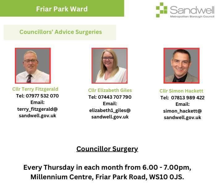 Need our help?
If you require any advice, assistance or support on any matter then come to our weekly councillor surgery this Thursday from 6 to 7 at the Friar Park Millennium Centre. No appointment necessary.
#workingallyearroundnotjustatelectiontime