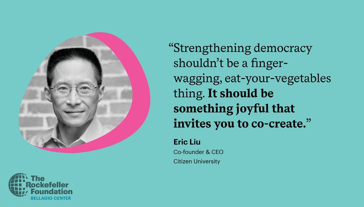 RockefellerFdn's tweet image. In a time of division and disengagement, citizenship should be a practice of mutual care. In #BellagioBreakthroughs, @EricPLiu of @CitizenUniv talks about renewing our ability to govern ourselves and offers hope for democracy’s future. rockfound.link/4jYzsuW