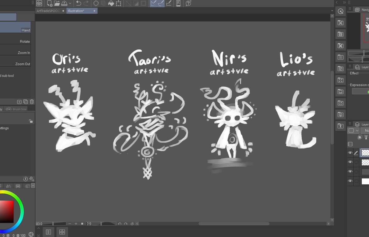 //delete later 
//quick char building

got a bit inspired by a message in Ori cord (dc) to illustrate Taori in different drawings of different spirits who are their friends (more decesed ones, Nir and Lio)
so this is a showcase of their artstlyles 🌚✨