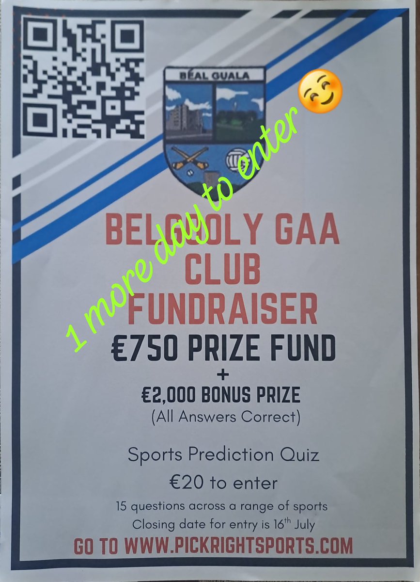 pickrightsports.com/fundraiser/bel…

Deadline for entries tomorrow July 16th... STILL TIME TO ENTER ☺️

First competition starting British Golf Open

Your support is appreciated 🤍🩵

Enquiries: Mairead 087 138 2493 or Jamie Dwyer

Best of Luck to all who have entered
