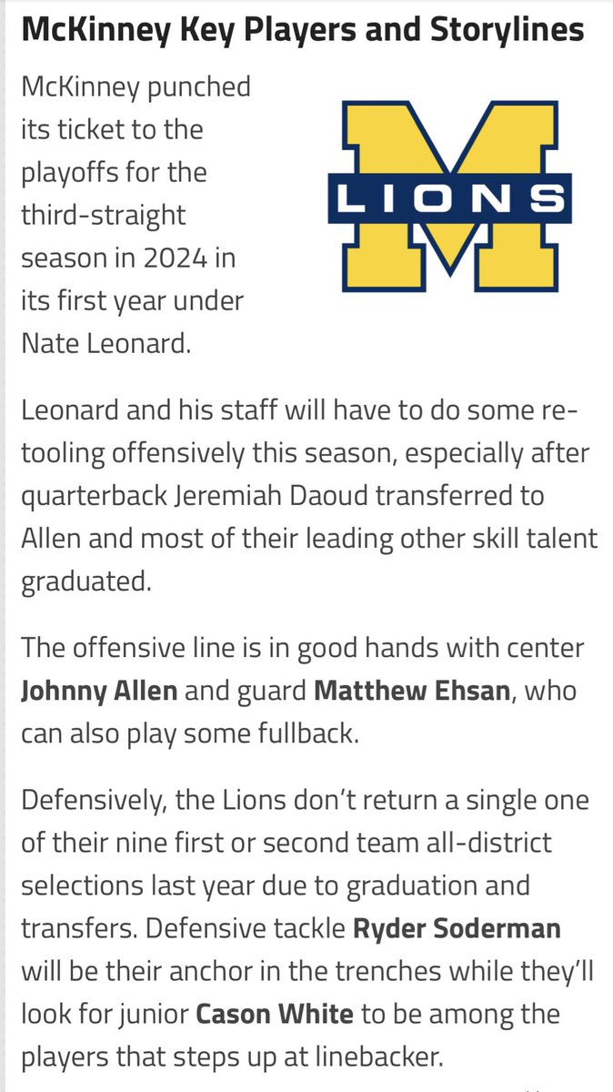 Cason White (@cason_white44) on Twitter photo Been preparing all year for this season! Ready to fill a role and let everyone know what Mckinney defense is about!! Lets get it <a href="/RyderSoderman/">Ryder soderman</a>!
<a href="/CoachLeonardTX/">Coach Nate Leonard, M.Ed.</a>
<a href="/CoachJosh_Uland/">Coach Josh Uland</a>
<a href="/CoachWhitmire/">Coach Carlos Whitmire SR.</a>
<a href="/ScottMullenix12/">Scott Mullenix, CSCS</a> Been preparing all year for this season! Ready to fill a role and let everyone know what Mckinney defense is about!! Lets get it <a href="/RyderSoderman/">Ryder soderman</a>!
<a href="/CoachLeonardTX/">Coach Nate Leonard, M.Ed.</a>
<a href="/CoachJosh_Uland/">Coach Josh Uland</a>
<a href="/CoachWhitmire/">Coach Carlos Whitmire SR.</a>
<a href="/ScottMullenix12/">Scott Mullenix, CSCS</a>