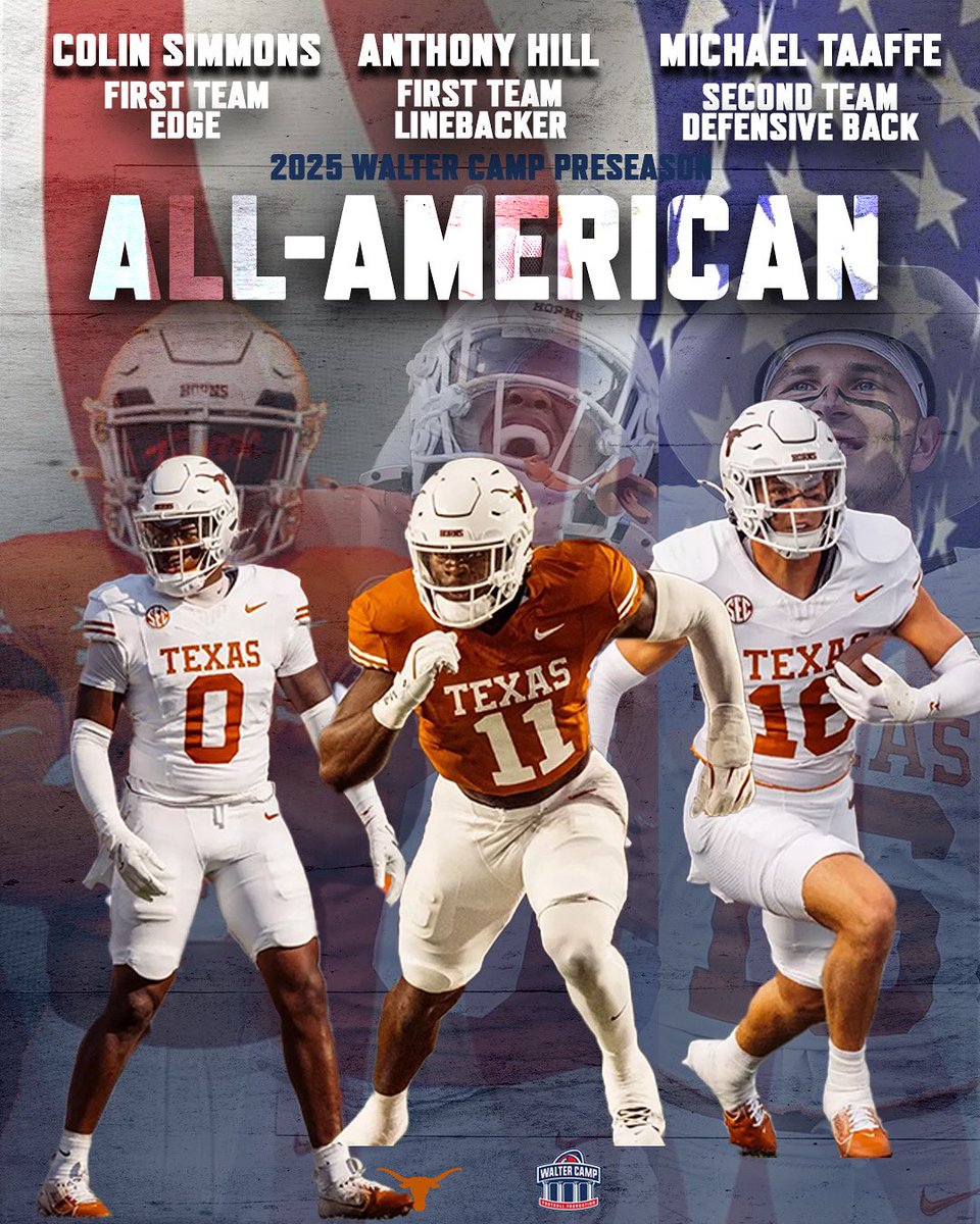 WalterCampFF's tweet image. In case you missed it - the nation's oldest All-America team has selected its 2025 Preseason All-Americans.
Did you know: Texas has had a First Team Walter Camp All-American in each of the last three seasons.