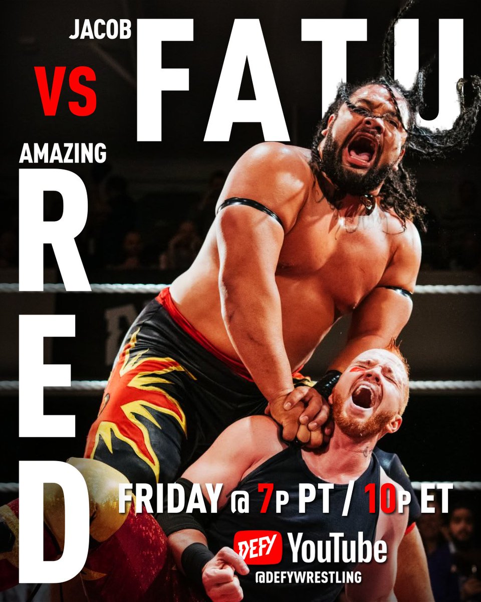 defyNW's tweet image. ⚠️ Free Match Alert ⚠️
❌️JACOB FATU vs. AMAZING RED❌️
This Friday: 7PM pst & 10PM est
youtube.com/@DEFYWrestling