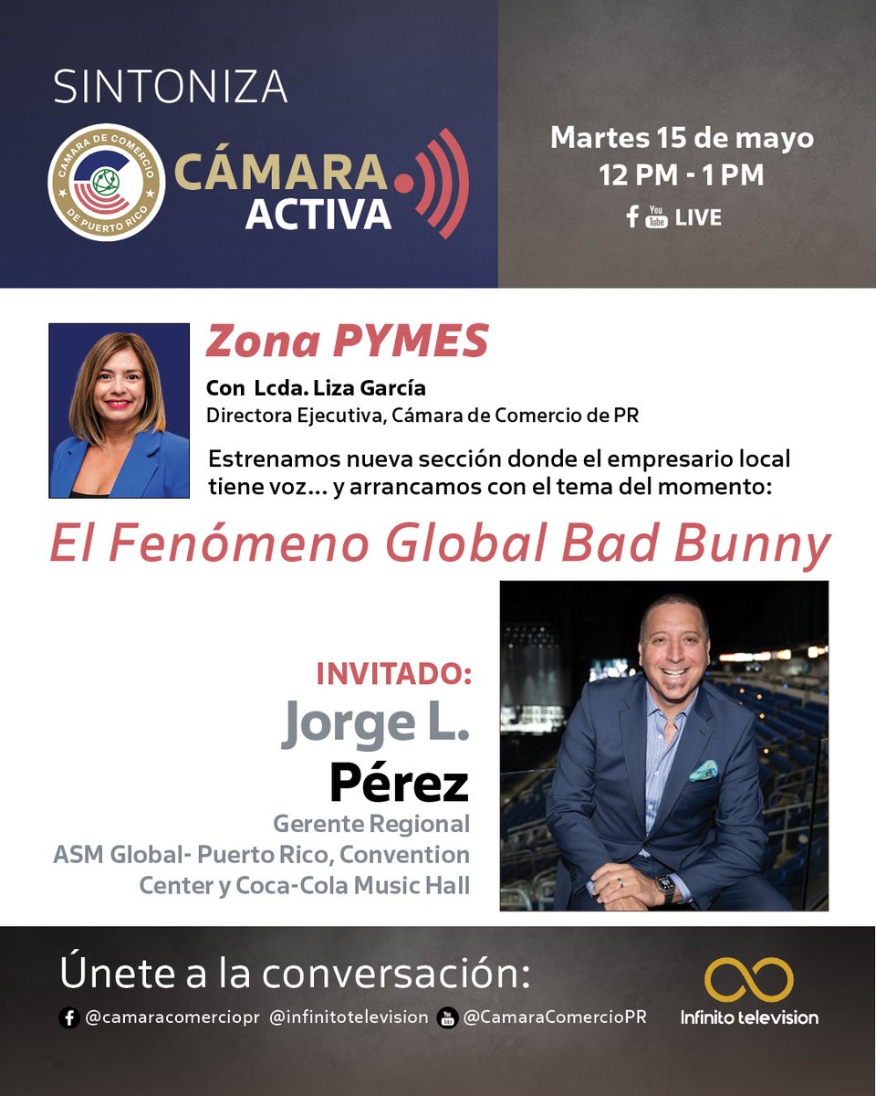 🎥 El nuevo segmento Zona PYMES de nuestro programa digital Cámara ACTIVA estreno con el tema que mueve a Puerto Rico y al mundo: el fenómeno global Bad Bunny.

🎤 Escucha a Jorge Pérez, gerente regional de <a href="/ASMGlobalLive/">ASM Global</a>  – <a href="/prconvention/">Centro de Convenciones de Puerto Rico</a>   y <a href="/CocaColaMH/">Coca-Cola Music Hall</a> , hablar sobre el impacto