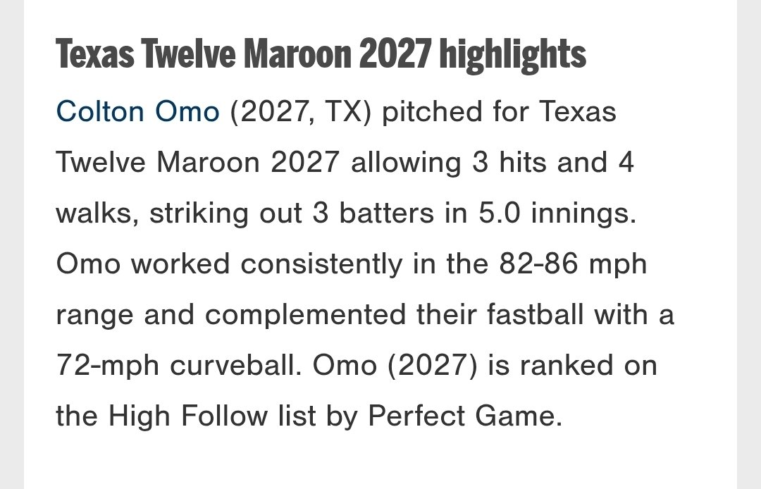 Colton Omo (@coltonomo6) on Twitter photo Pitched another 5 innings with <a href="/TwelveBaseball/">Texas Twelve</a> 2027 Maroon last weekend. No runs alllowed against a good Stix team that scored 31 runs in their first 2 games. Twelve on Twelve this week and then to the PG South WS! <a href="/Dakota_Dill/">Dakota Dill</a> <a href="/coachbrem/">Tyler Bremer</a> <a href="/TwelveRecruits/">Texas Twelve Recruiting</a> <a href="/MK51Baseball/">Matthew Kent</a> Pitched another 5 innings with <a href="/TwelveBaseball/">Texas Twelve</a> 2027 Maroon last weekend. No runs alllowed against a good Stix team that scored 31 runs in their first 2 games. Twelve on Twelve this week and then to the PG South WS! <a href="/Dakota_Dill/">Dakota Dill</a> <a href="/coachbrem/">Tyler Bremer</a> <a href="/TwelveRecruits/">Texas Twelve Recruiting</a> <a href="/MK51Baseball/">Matthew Kent</a>