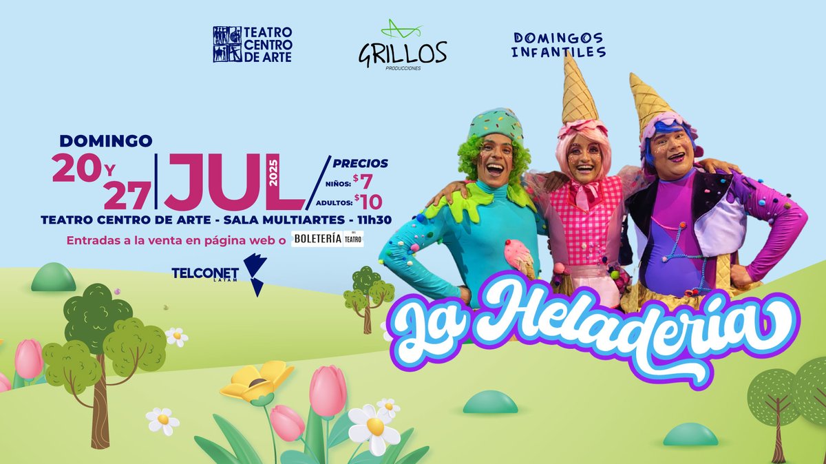🍦 ¡Dulzura y diversión con "La Heladería"! ✨
Fechas: Domingos 20 y 27 de julio
⏰ Hora: 11h30
📍 Lugar: Sala Multiartes, Teatro Centro de Arte
🎟️ Entradas: Niños $7 / Adultos $10 
teatrocentrodearte.org/e-ticket.venta…