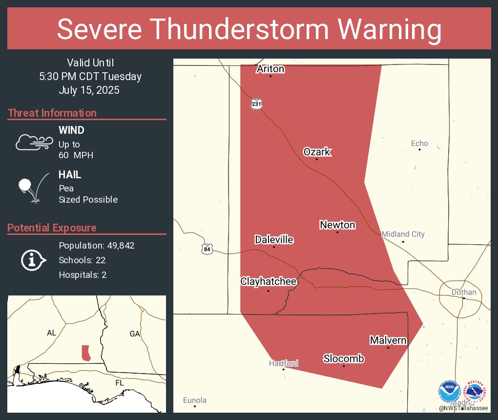 NWSTallahassee's tweet image. Severe Thunderstorm Warning including Ozark AL, Daleville AL and Slocomb AL until 5:30 PM CDT