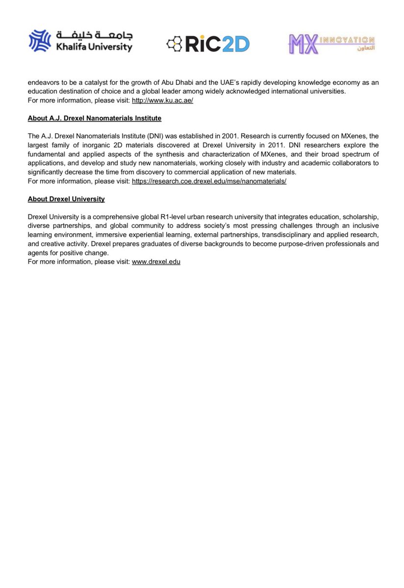 Thrilled to announce a new global collaboration! 🌍🔬 Khalifa University’s RIC2D is joining forces with Drexel University’s A.J. DNI and international partners to launch MX-Innovation - project advancing MXene-based technologies for clean water and healthcare breakthroughs.