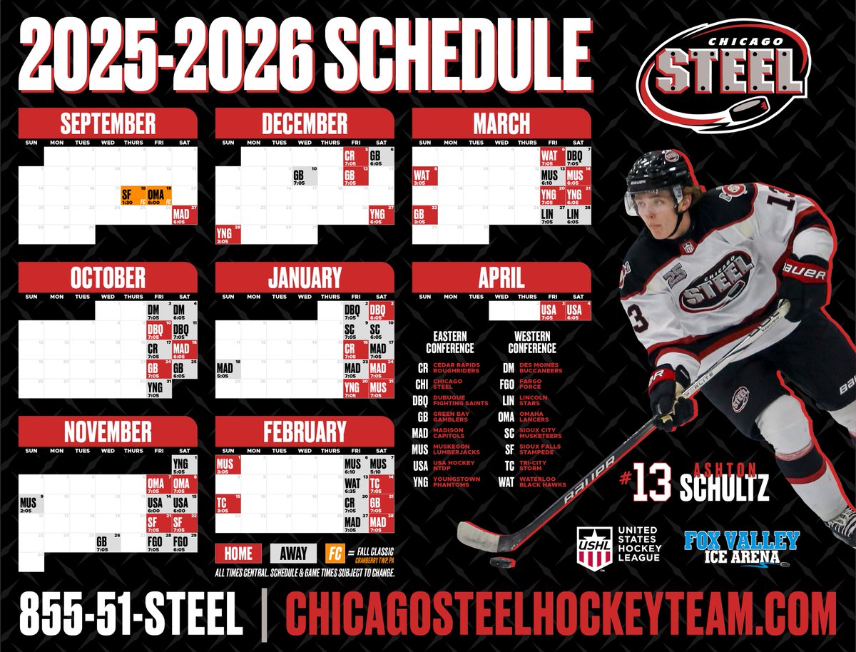 ChicagoSteel's tweet image. The full 2025-2026 schedule is set! The season kicks off at the @USHL Fall Classic against Sioux Falls on September 18 🙌
📰➡ t.ly/FfalK
#FeelSteel | #USHL