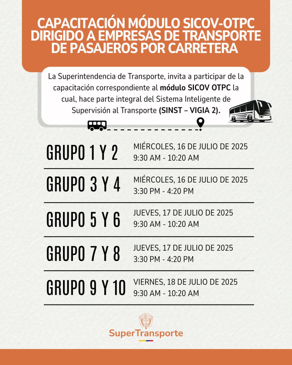 Invitamos a las Empresas de Transporte de Pasajeros a la capacitación sobre el módulo SICOV - OTPC, que hace parte del SINST – VIGIA 2. 

La sesión ha sido enviada al correo de cada empresa y se publicará el listado en la página web.

Mayor información:

➡️acortar.link/s0QFHT