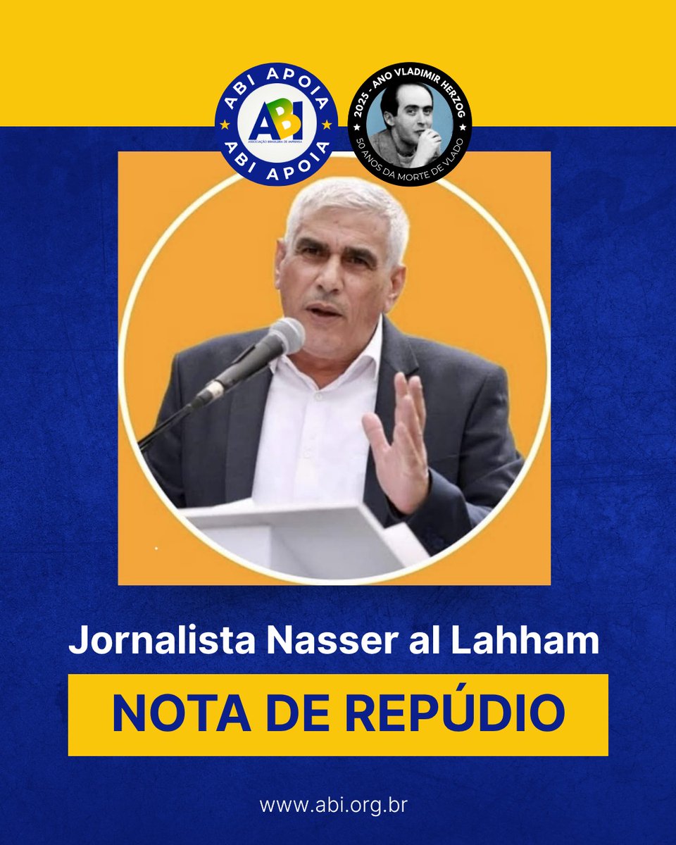 📣 NOTA DE REPÚDIO | ABI pela liberdade de Nasser Al-Lahham
A ABI condena a prisão do jornalista palestino Nasser Al-Lahham, detido por tropas israelenses na Cisjordânia. 
📎 Leia a nota completa no site da ABI: abi.org.br/pela-liberdade…
#LiberdadeDeImprensa #NasserAlLahham #ABI