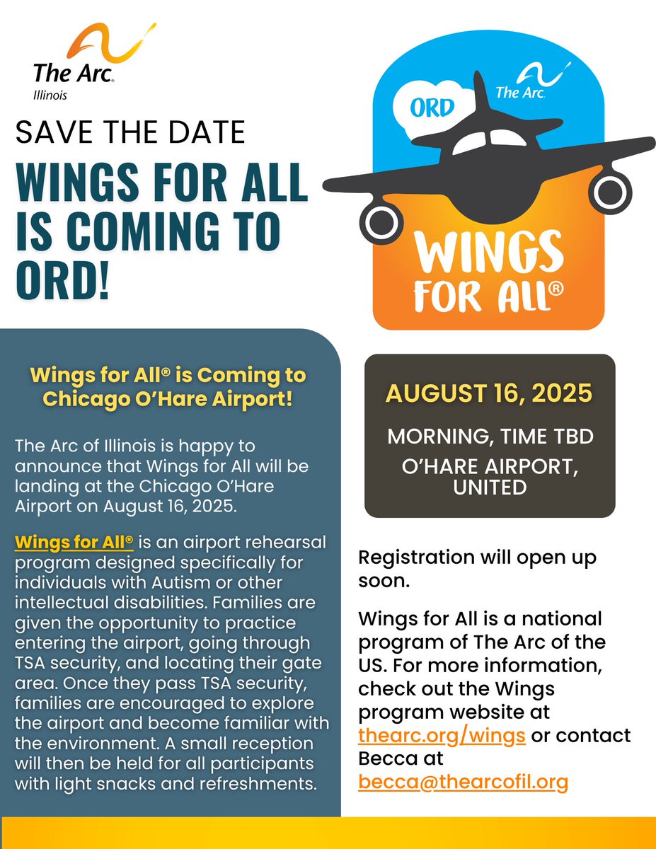 arcillinois's tweet image. 𝗦𝗔𝗩𝗘 𝗧𝗛𝗘 𝗗𝗔𝗧𝗘: We’re thrilled to announce that The Arc’s Wings for All program will be landing at O’Hare International Airport on 𝗙𝗿𝗶𝗱𝗮𝘆, 𝗔𝘂𝗴𝘂𝘀𝘁 𝟭𝟲𝘁𝗵! 
#WingsForAutism #WingsForAll #FlyWithoutFear #TheArcWings #ChicagoORD #InclusionTakesFlight