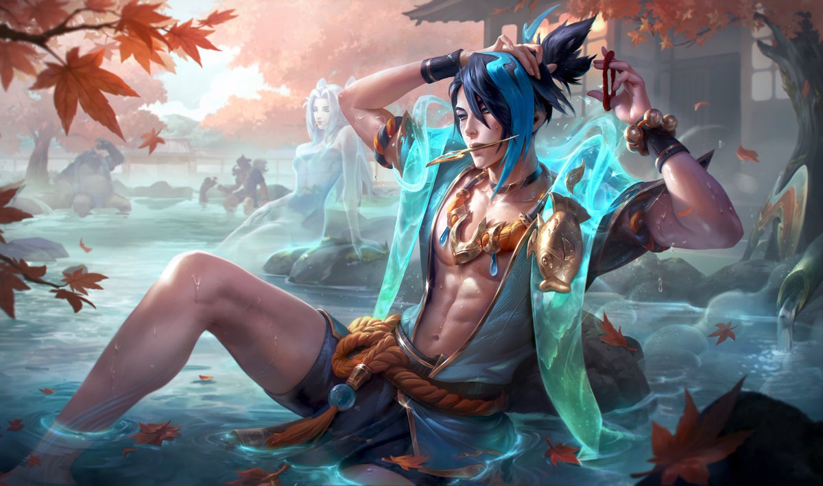 Prestige Spirit Blossom Springs Aphelios: Silent and brooding, Aphelios's calm presence and sharp looked endeared him not only to Ahri, but to all the guests of the Spirit Blossom Springs. With encouragement from his sister, Alune, he accepted an invitation to become an