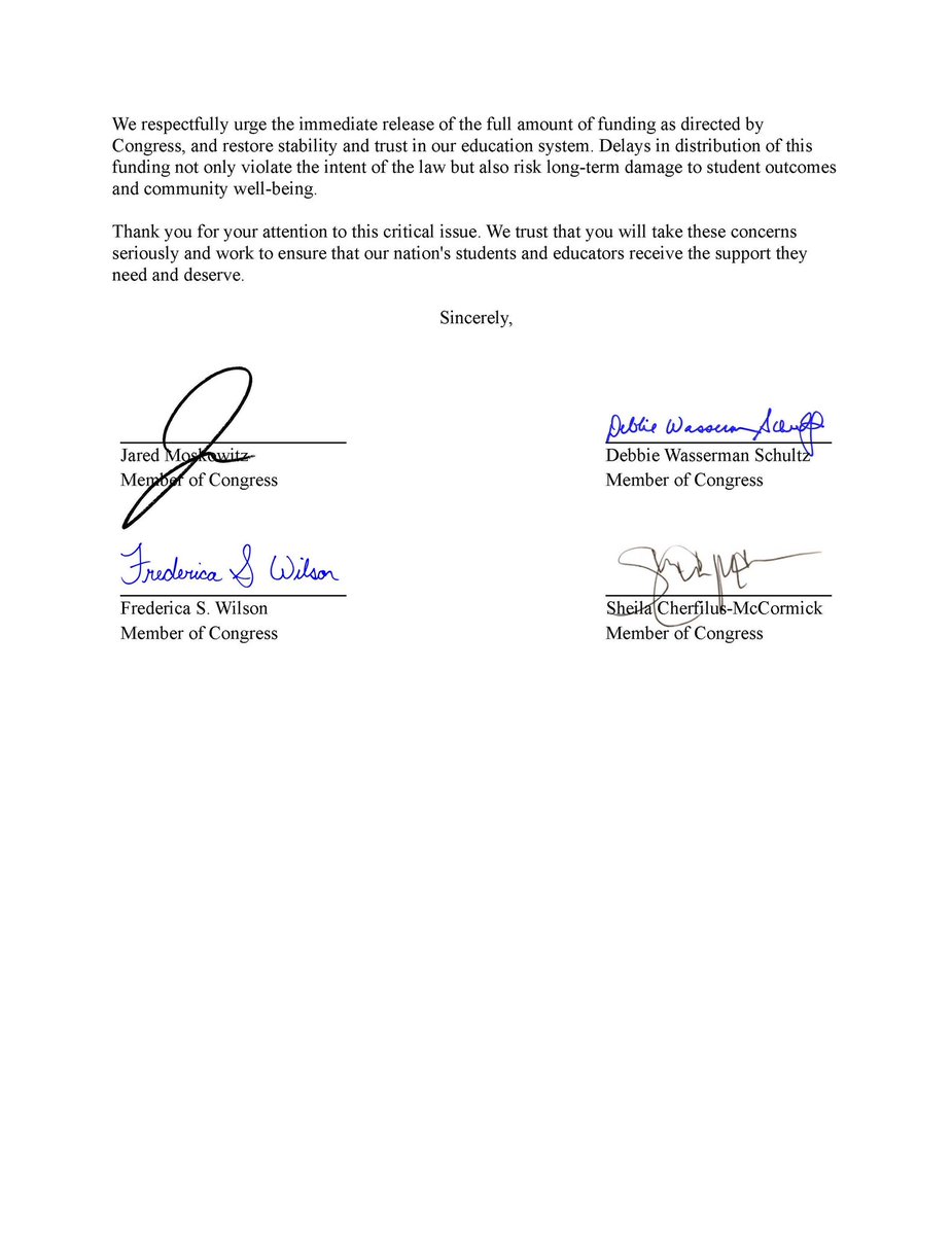 RepMoskowitz's tweet image. Under the Administration’s freeze on public education funding, @BrowardSchools is missing more than $30M in critical education resources.
I’m leading my Broward-area colleagues demanding they release these funds and ensure FL students and teachers have what they need to succeed.