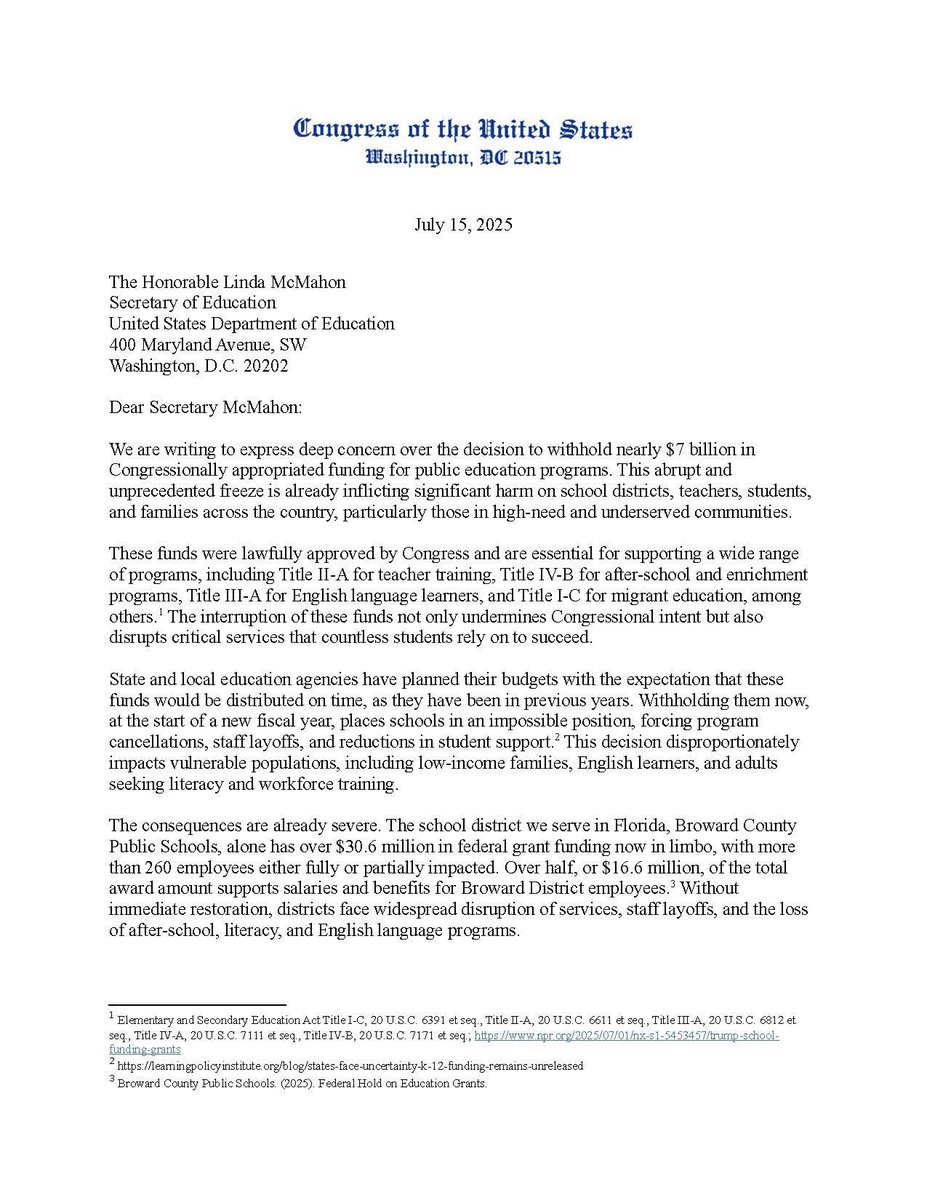 RepMoskowitz's tweet image. Under the Administration’s freeze on public education funding, @BrowardSchools is missing more than $30M in critical education resources.
I’m leading my Broward-area colleagues demanding they release these funds and ensure FL students and teachers have what they need to succeed.