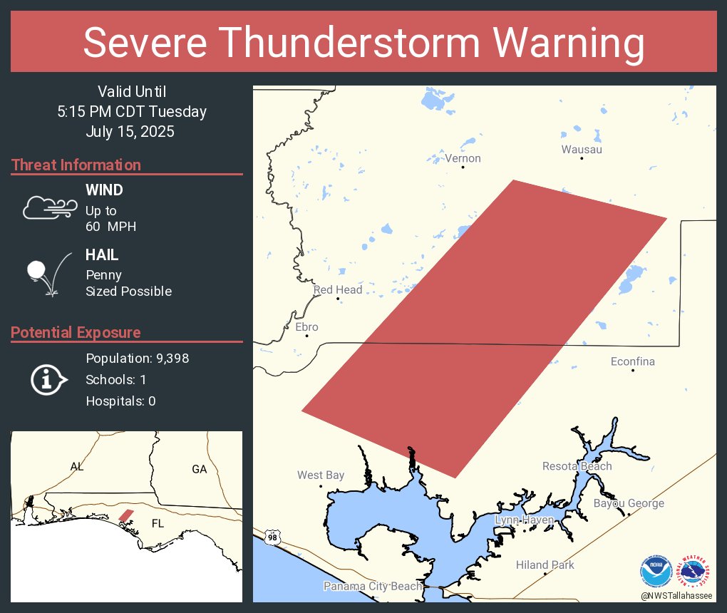 NWSTallahassee's tweet image. Severe Thunderstorm Warning including Bay County, FL, Washington County, FL until 5:15 PM CDT