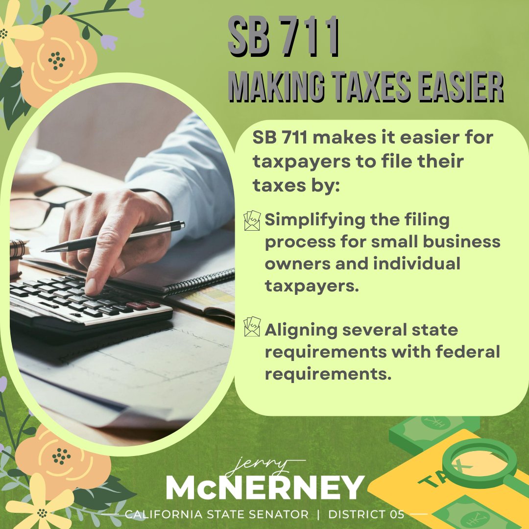 SenMcNerney's tweet image. Excellent! The #caleg Assembly Revenue and Taxation Committee approved my SB 711, which would make it easier for CA taxpayers – especially taxpayers with small businesses – to file their taxes by aligning several state requirements with federal requirements as of 1/1/25.