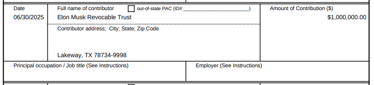 Elon Musk donated another $1 million to Texans for Lawsuit Reform's PAC on June 30, the last day of the latest reporting period.

He also gave $1M to TLR in September last year, the same month he gave $2M to a PAC supporting GOP court of appeals candidates around Texas. #txlege