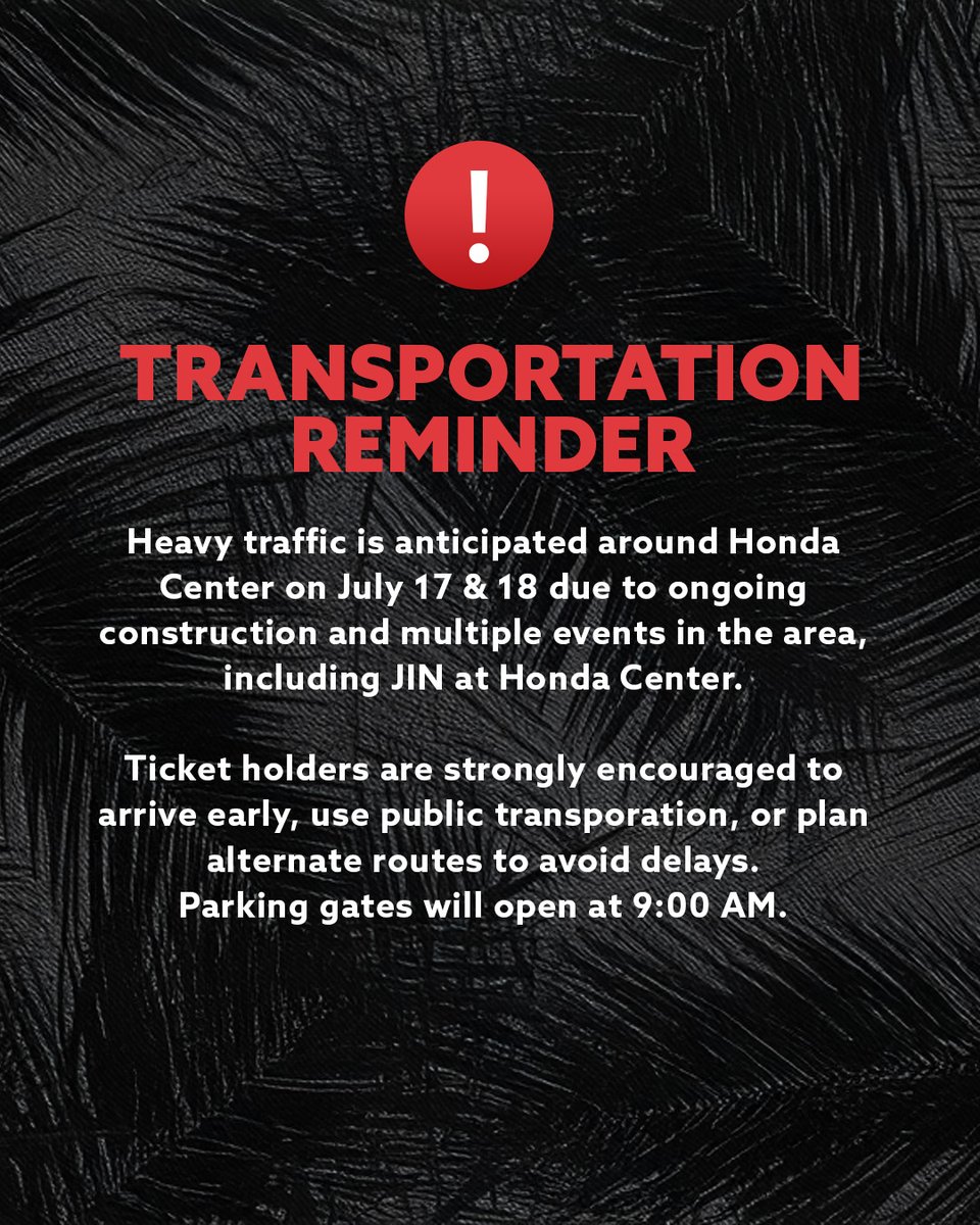 Jin is coming to Anaheim! 💜 Get ready as he takes over Honda Center for two unforgettable nights this Thursday and Friday. Here's everything you need to know before show day! ✨

🚗 Please note that all passenger drop-offs and pick-ups must take place at ARTIC, there will be no